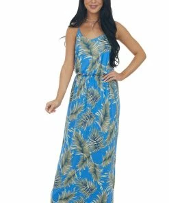 Lush Clothing Cobalt Blue Leaf Print Maxi Dress With Straps Dresses