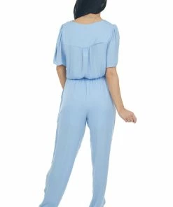 NAKED ZEBRA Dresses Powder Surplice Woven Short Sleeve Jumpsuit