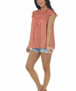 Ces Femme Rust Ditsy Floral Top With Flutter Sleeves Tops