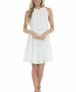 Sweet Lovely Dresses Ivory Jacquard Textured Tiered Dress With Halter Neckline