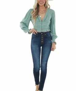 HYFVE Juniper Green Puff Sleeve Plunging Neck Blouse Tops