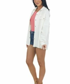 Davi & Dani Off White Fraying Button Down Shacket