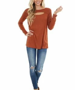 BiBi Tops Terracotta Soft Ribbed Long Sleeve Top With Neckline Cutout