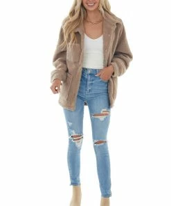 She + Sky Deep Latte Button Up Teddy Jacket With Pockets Outerwear