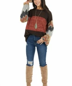 RAE MODE Chocolate Brown And Marsala Knit Top With Aztec Print Sleeve Tops 29 RAE MODE Chocolate Brown And Marsala Knit Top With Aztec Print Sleeve Tops