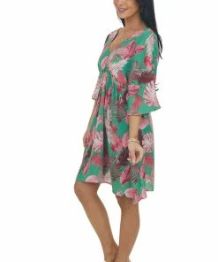 Entro Jade And Hibiscus Leaf Print Half Sleeve Dress