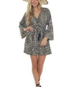Main Strip Desert Sand Leopard Print Surplice Short Dress Dresses