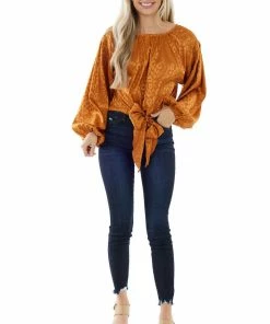Flying Tomato Caramel Leopard Long Sleeve Top With Front Tie Tops