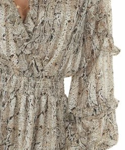 Main Strip Champagne Snake Print Smocked Waist Mini Dress Dresses