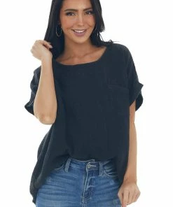 Umgee Tops Charcoal Mineral Washed Top With Chest Pocket
