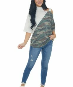 Vanilla Bay Tops Pewter Grey Cold Shoulder Top With Asymmetrical Camo Print