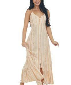 Cozy Co. Dresses Melon And Ivory Printed Button Up Maxi Dress
