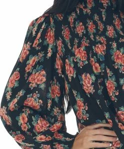 ANGIE Tops Black Floral Print Long Sleeve Smocked Blouse