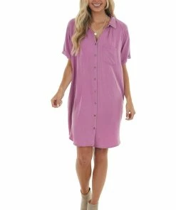 Eesome Dresses Fuchsia Mineral Wash Button Front Shirt Dress
