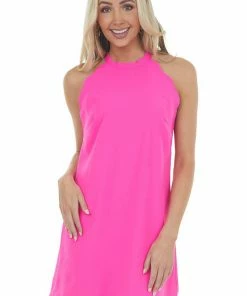 Vanilla Bay Neon Magenta Scalloped Halter Neck Tie Dress Dresses