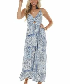 ANGIE Pastel Blue Paisley Print Maxi Dress