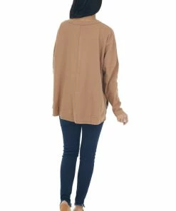 Umgee Tops Copper V Neck High Low Hem Thermal Knit Top