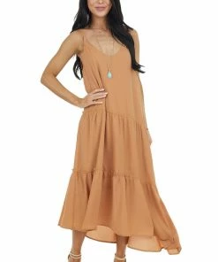 Wishlist Caramel Asymmetrical Spaghetti Strap Tiered Midi Dress Dresses 22 Wishlist Caramel Asymmetrical Spaghetti Strap Tiered Midi Dress Dresses