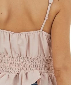 She + Sky Tops Light Dusty Rose Sleeveless Peplum Blouse With Smocked Waist 33 She + Sky Tops Light Dusty Rose Sleeveless Peplum Blouse With Smocked Waist