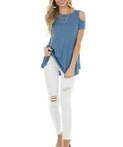 CY Fashion Tops Ocean Blue Cold Shoulder Top With Criss Cross Back Detail