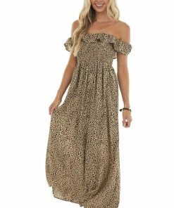 Vine & Love Latte Cheetah Print Off Shoulder Maxi Dress