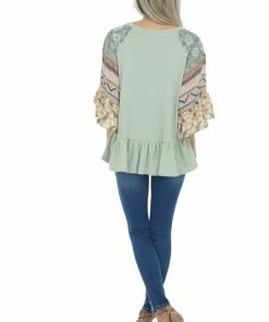 Davi & Dani Sage Multiprint Ruffled Hem Waffle Knit Top