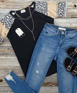 BiBi Black Waffle Knit Top With Leopard And Sequin Contrast Tops