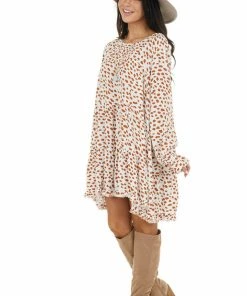 Umgee White And Caramel Cheetah Print Tiered Dress With Frayed Hem Dresses