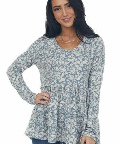 143 Story Sea Blue Floral Tiered Super Soft Knit Top