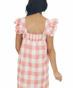 Entro Coral Gingham Square Neck A Line Woven Dress Dresses