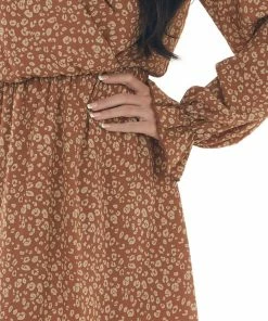 Peach Love Cognac And Camel Leopard Surplice Short Dress Dresses