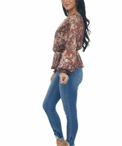 Peach Love Tops Chestnut Floral Print Surplice Peplum Blouse