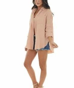 La Miel Tops Apricot Button Up Top With Frayed Edges Detail 13 La Miel Tops Apricot Button Up Top With Frayed Edges Detail