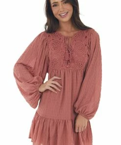 Flying Tomato Vintage Rose Textured Puff Sleeve Lace Dress Dresses