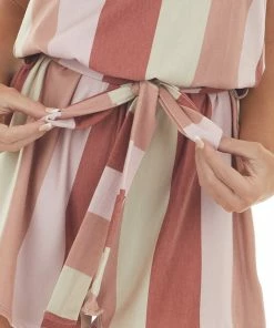 Fantastic Fawn Rust Striped Sleeveless Knit Romper With Tie Dresses