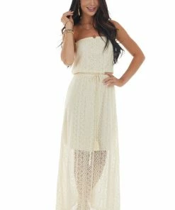 143 Story Champagne Strapless Front Tie Lace Maxi Dress Dresses