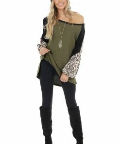 First Love Tops Olive Leopard Print Colorblock Long Sleeve Loose Fit Top