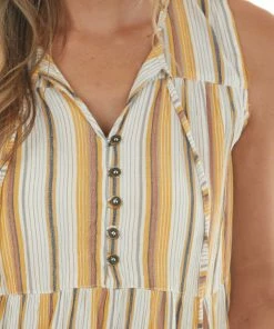 ANGIE Amber Striped Print Tank Top With Buttons Tops
