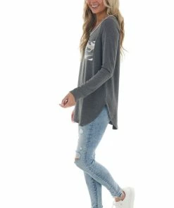 Hailey & Co Graphite Camo Contrast Long Sleeve Knit Top Tops