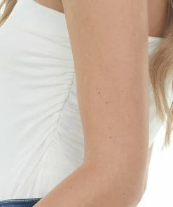 Entro Off White Strapless Stretchy Knit Bodysuit With Ruched Sides