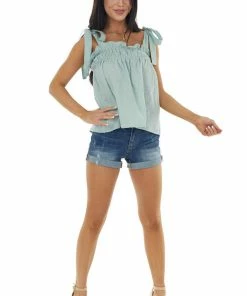 &merci Tops Mint Swiss Dot Tank Top With Tie Straps