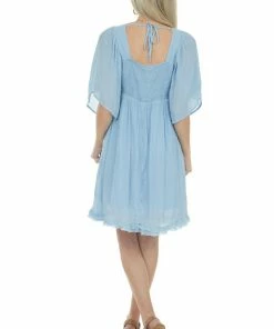 Umgee Powder Blue Babydoll Short Dress With Flutter Sleeves Dresses