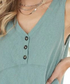 Mittoshop Sage Cotton Sleeveless Babydoll Tunic Top With V Neckline