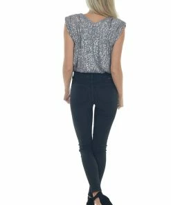 She + Sky Slate Sequined Surplice Shoulder Pad Bodysuit Tops