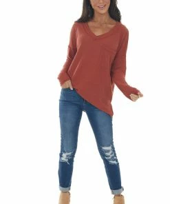 Reborn J Tops Rust V Neck Waffle Knit Top With Chest Pocket
