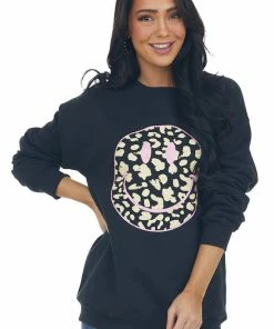Sweet Claire Black Leopard Smiley Face Graphic Sweater Top