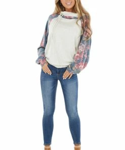 12PM Tops Cream And Dusty Cornflower Floral Hoodie With Drawstrings 16 12PM Tops Cream And Dusty Cornflower Floral Hoodie With Drawstrings