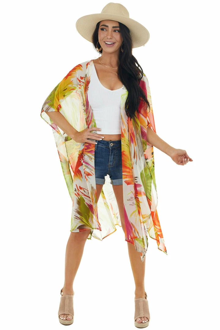 Caramela Tops Neon Orange Abstract Floral Open Front Kimono 17 Caramela Tops Neon Orange Abstract Floral Open Front Kimono