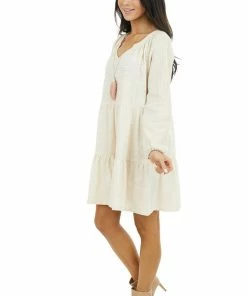 Umgee Cream Tiered Mini Dress With Crochet Sleeves And V Neckline