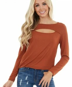 BiBi Tops Terracotta Soft Ribbed Long Sleeve Top With Neckline Cutout